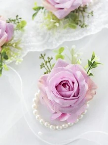 6 件/1 件新娘伴娘婚礼腕花，人造丝玫瑰和珍珠浪漫腕花，适合女性母亲婚礼舞会新娘送礼会装饰婚礼礼物 - 紫色 - 查看 14