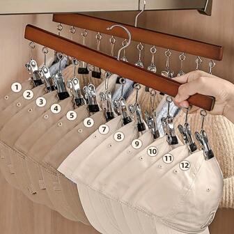 1 pieza Perchero de ropa y accesorios de madera con 10/12 pinzas de acero inoxidable, tendedero para ropa, soporte de almacenamiento para ropa, ropa interior, corbatas, camisas, bufandas, cinturones, para uso doméstico, dormitorio, armario, decoración de dormitorio, decoración de primavera, decoración minimalista, decoración de verano, pantalones, zapatos, vaqueros, botas, faldas, tops