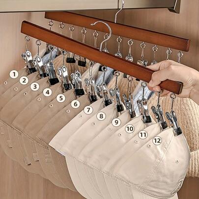1pc Wooden Clothes & Accessory Rack With 10pcs/12pcs Stainless Steel Clips, Garment Drying Rack, Storage Holder For Clothes, Underwear, Ties, Shirts, Scarves, Belts, For Home, Bedroom, Closet, Dorm Use Decorations Decor Festival Decor Room Decor Home Decor Bed Room Decor Dress Pants Shoes Jeans Boots Skirt, Spring, Minimalist, Summer Tops