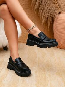 女士圆头一脚蹬休闲乐福鞋，厚底软底，厚底鞋，学校/学生风格，适合秋季/春季，优雅，舒适，黑色