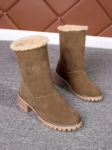 Perfect With Dress, Women's New Autumn Winter European And American Mid-Calf Thick Heel Cute Fold-Over Furry Snow Boots, Extra Large Size Leather Two-Way Boots - Brown - View 6