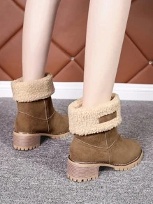 Perfect With Dress, Women's New Autumn Winter European And American Mid-Calf Thick Heel Cute Fold-Over Furry Snow Boots, Extra Large Size Leather Two-Way Boots - Brown - View 5