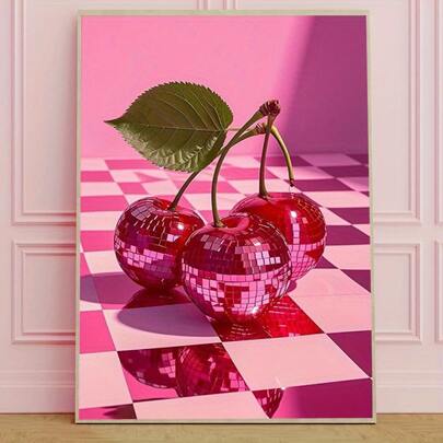 1 张迪斯科樱桃海报时尚有趣的学院风图片粉色帆布艺术 70 年代和 80 年代女孩派对墙面装饰美学青年房间复古酒吧装饰酷炫多彩迪斯科时尚樱桃海报无框