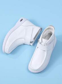 Botas blancas para mujer, zapatos de enfermería de hospital con cojín de aire, botas con forro térmico, suela blanda con cierre de gancho y bucle, zapatos confeccionados con costuras, zapatillas blancas versátiles con suela elástica, antideslizante, amortiguación de impactos y antiestática, aptas para interiores y exteriores - Blanco - Ver 7