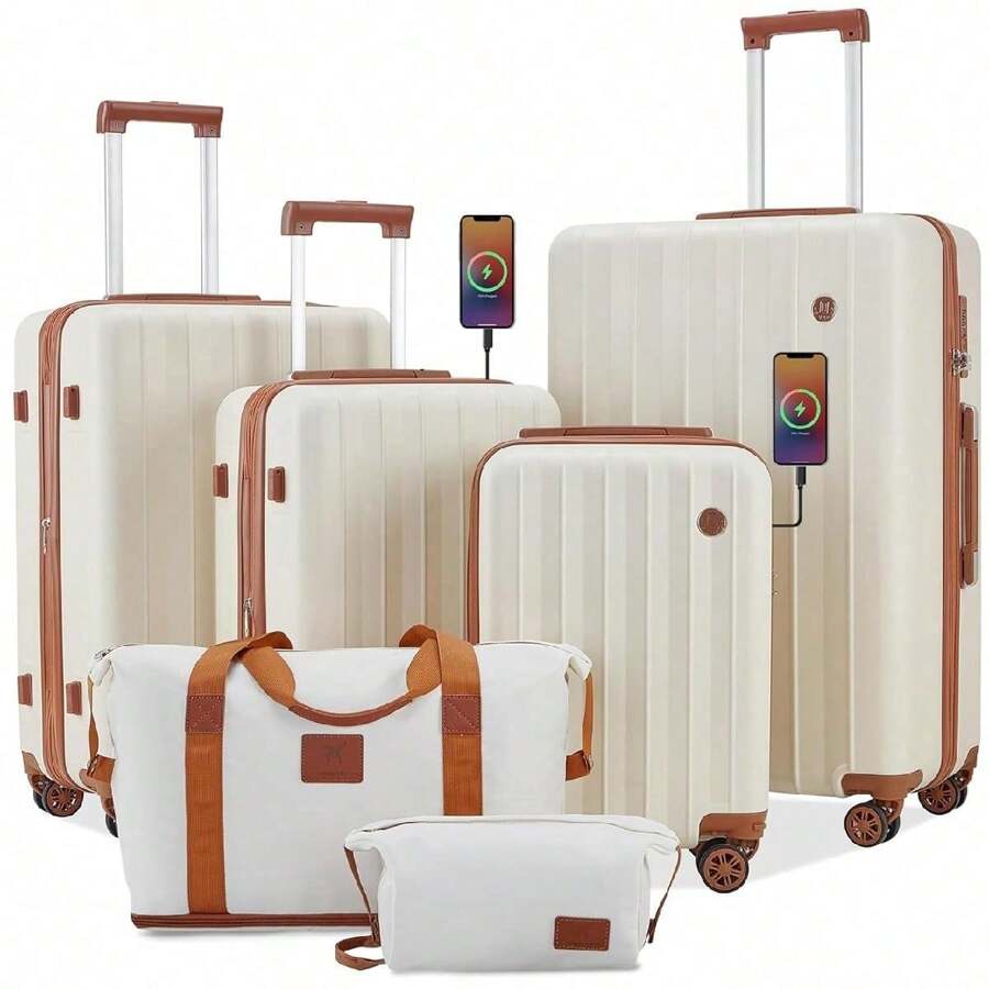Imiomo Luggage Set Expandable Luggage Hard Carry-On Luggage USB Port Cup Holder TSA Lock Suitcase Travel Suitcase Suitcases Suit Case Durable Travel Luggage Waterproof - 米色 - 查看 1
