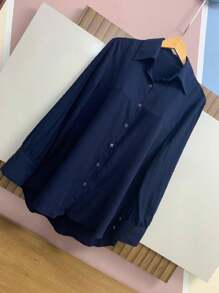 Women's Swallowtail Hem Long Sleeve Tuxedo Shirt 3738# - Màu xanh hải quân - Xem 2