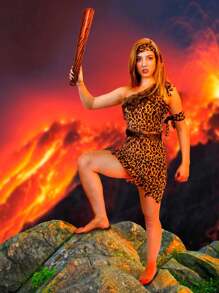 I LOVE FANCY DRESS Ladies Cavegirl Costume Cave Dweller Caveman Fancy Dress Pre-Historic Outfit Tarzan Leopard Print Tunic With Headband And Inflatable Club - Brown - View 3