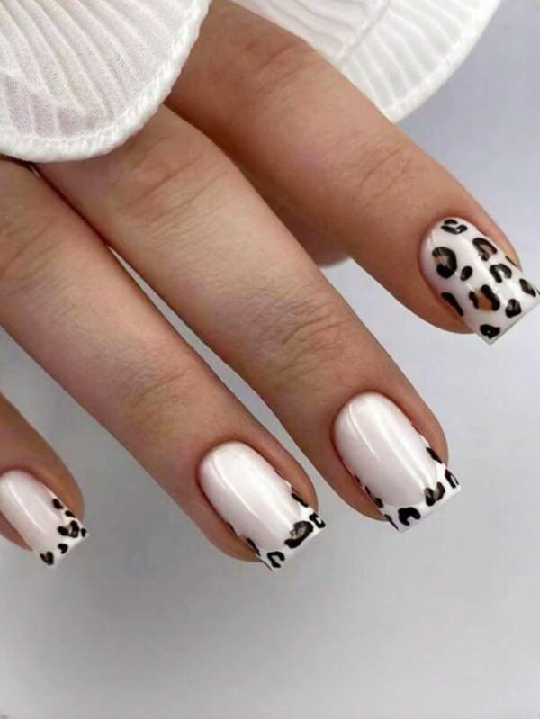 24pcs Aurora French Leopard Print Medium-Length European And American Style Push-On False Nails Sweet And Cool Girl Wear Nails Suitable For Women's Daily Wear Press On Nails
