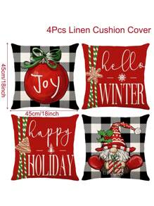 4Pcs Linen Christmas Pillowcases,Black And White Plaid Santa Claus Christmas Ball Pattern Throw Pillow Covers Cushion Covers,Christmas Decoration,Christmas Party Supplies,Christmas Gift,Xmas Decor,Home Decor Christmas Decorations Room Decor