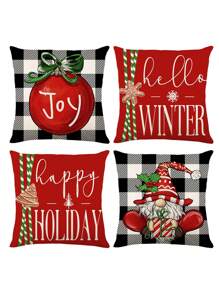 4Pcs Linen Christmas Pillowcases,Black And White Plaid Santa Claus Christmas Ball Pattern Throw Pillow Covers Cushion Covers,Christmas Decoration,Christmas Party Supplies,Christmas Gift,Xmas Decor,Home Decor Christmas Decorations Room Decor