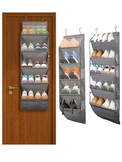 1pc Over The Door Hanging Shoe Organizers,Grey PVC Shoe Storage Hanging Bag,5 Layers Hanging Shoe Rack For Home Storage.