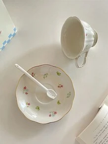 1 set Taza de café y platillo de cerámica con estampado floral, taza de cerámica delicada con diseño floral estilo francés vintage para té de la tarde, cuchara con forma de tulipán, regalo de cumpleaños/anfitrión de alta gama