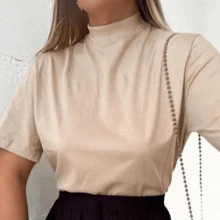 Elegant Basic T-Shirt Blouse With Rib Collar - Beige - View 1