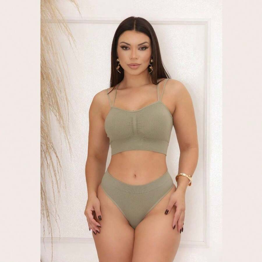 Women's Set: Top, Bra, Crossover At The Back And Panties, Polyester Fabric - 灰色 - 查看 1