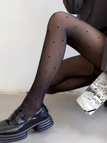 1 件女式圆点心形蝴蝶结保暖内衬紧身打底裤，保暖有弹性，休闲日常穿着 - 黑色 - 查看 4