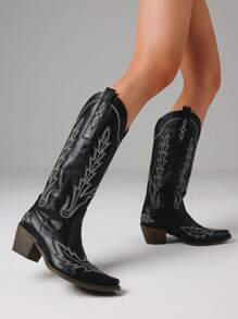 Women's Solid Color Stylish Boots, Pull On Embroidered Comfort Chunky Heel Boots, Point Toe Western Cowboy Boots For Women - màu đen - Xem 6