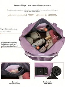 Foldable Wheeled Travel Bag, Large Capacity, Wet & Dry Separation Pockets, Suitable For Travel, Vacations, Students, Study Abroad, High School Students, Oxford Cloth Travel Bag, 360° Rotating Wheels - Black - View 7