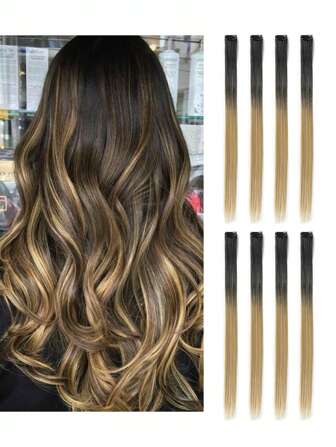 8 st färgade klipp i hårförlängningar 20 tum långa raka hårstycken klipp i syntetiska hårförlängningar, halloween cosplay klädsel mode fest jul karneval musikfestival nyårspresent för kvinnor (svart blandad brun)