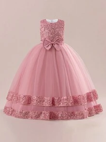 Tween Girls Sequin Mesh Flower Girl Wedding Dress Long Gown, Suitable For Birthday Party, Banquet, Does Not Include Headband