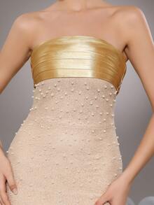 Autumn New Women's Fashion Apricot Sexy Strapless Handmade Bead Splicing Tight Long Bandage Dress Elegant Party Ladies Formal Dinner Holiday Party Dress Wedding Guest Dress Evening Dress,Gown - Apricot - View 8