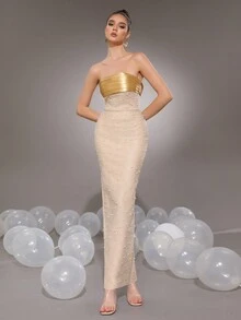 Autumn New Women's Fashion Apricot Sexy Strapless Handmade Bead Splicing Tight Long Bandage Dress Elegant Party Ladies Formal Dinner Holiday Party Dress Wedding Guest Dress Evening Dress,Gown - Apricot - View 3