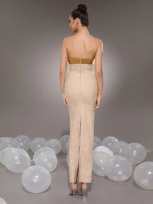Autumn New Women's Fashion Apricot Sexy Strapless Handmade Bead Splicing Tight Long Bandage Dress Elegant Party Ladies Formal Dinner Holiday Party Dress Wedding Guest Dress Evening Dress,Gown - Apricot - View 6