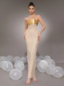 Autumn New Women's Fashion Apricot Sexy Strapless Handmade Bead Splicing Tight Long Bandage Dress Elegant Party Ladies Formal Dinner Holiday Party Dress Wedding Guest Dress Evening Dress,Gown - Apricot - View 4