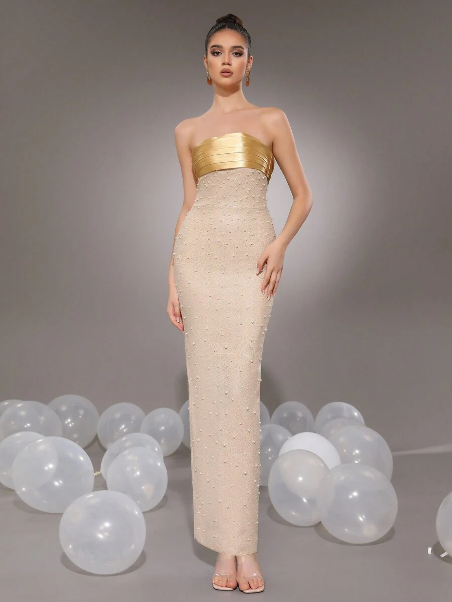 Autumn New Women's Fashion Apricot Sexy Strapless Handmade Bead Splicing Tight Long Bandage Dress Elegant Party Ladies Formal Dinner Holiday Party Dress Wedding Guest Dress Evening Dress,Gown - Apricot - View 1