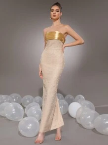 Autumn New Women's Fashion Apricot Sexy Strapless Handmade Bead Splicing Tight Long Bandage Dress Elegant Party Ladies Formal Dinner Holiday Party Dress Wedding Guest Dress Evening Dress,Gown - Apricot - View 5