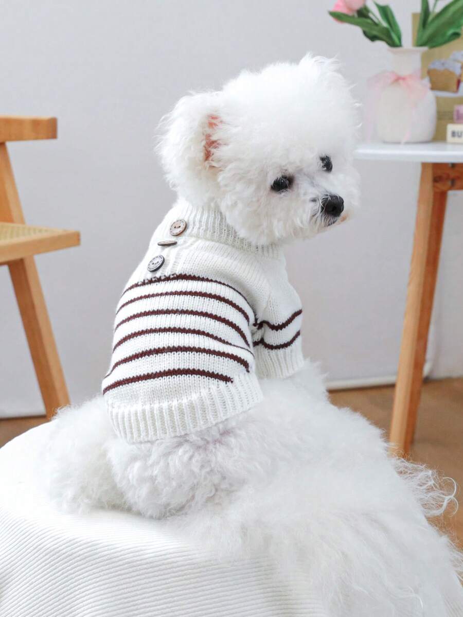 1 件宠物衣服，狗猫舒适柔软温暖法式条纹针织毛衣，米色和棕色 - 彩色 - 查看 1