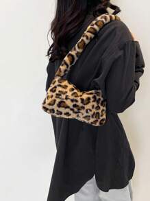 Bolso de mano mini esponjoso casual de moda, bolso de hombro con estampado de leopardo y peludo para mujer, monedero suave y esponjoso versátil para otoño/invierno, bolso con estampado de leopardo de