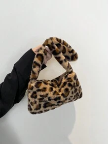 Bolso de mano mini esponjoso casual de moda, bolso de hombro con estampado de leopardo y peludo para mujer, monedero suave y esponjoso versátil para otoño/invierno, bolso con estampado de leopardo de