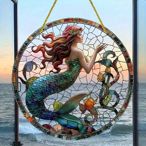 1pc Charming Mermaid Sun Catcher - 5.9 Inch Round Acrylic, Perfect For Home And Window Decoration, Ideal Gift Mermaid Decoration For Any Occasion,Home Decor ,Room Decor,Wall Decor Gifts Birthday Graduation