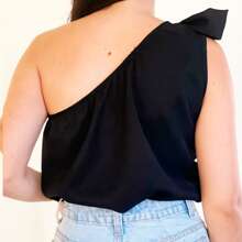 Women's One Shoulder Asymmetrical Bow Blouse With Bow - 黑色 - 查看 4