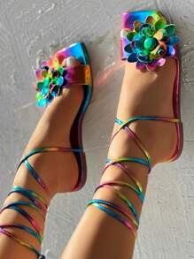 Sandales casual pour femmes avec orteils carrés, chaussures de plage, chaussures plates confortables, en fleurs 3D colorées dégradées avec attaches