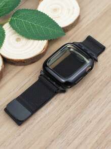 Compatible With Apple Watch Band And Case Combination Set. Stylish, Soft, Breathable, And Adjustable Loop-Style Stainless Steel Magnetic Buckle Band + Drop-Proof And Scratch-Resistant Tpu All-Round Protective Case For Men And Women. Compatible With Apple Watch Series Ultra/11/10/9/8/7/6/5/4/3/Se, 38/40/41/42/44/45/46/49mm Band And Case. - Black - View 3