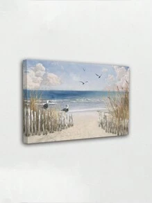 1 张带框帆布墙艺术海报，描绘宁静的海滩场景，有海鸥、温柔的海浪和宁静的天空，非常适合为任何房间增添海岸魅力和宁静，可直接悬挂 - 彩色 - 查看 1