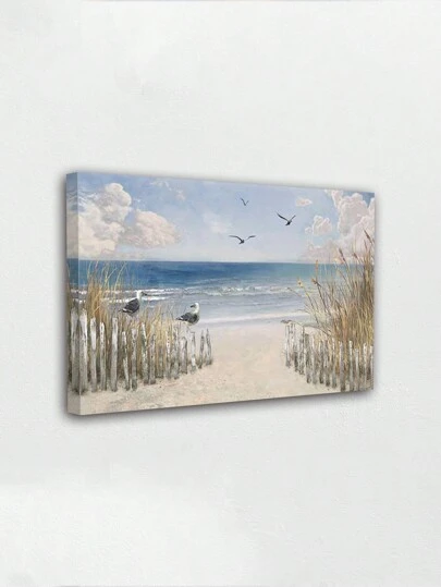 1 张带框帆布墙艺术海报，描绘宁静的海滩场景，有海鸥、温柔的海浪和宁静的天空，非常适合为任何房间增添海岸魅力和宁静，可直接悬挂