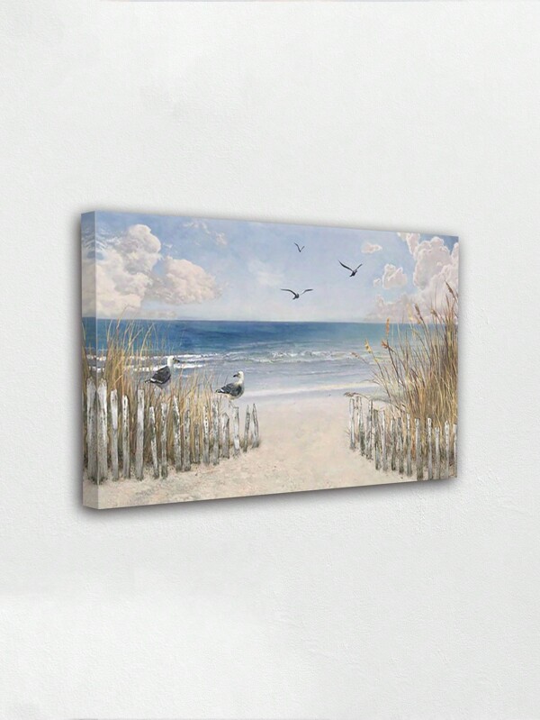 1 pieza Cartel de arte de pared con lienzo enmarcado que presenta una escena de playa tranquila con gaviotas, olas suaves y un cielo pacífico, perfecto para agregar  y serenidad costera a cualquier habitación, listo para colgar