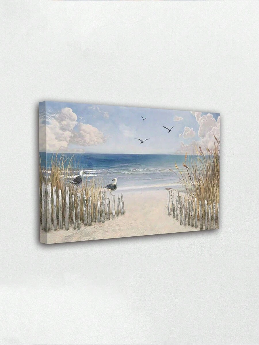 1 张带框帆布墙艺术海报，描绘宁静的海滩场景，有海鸥、温柔的海浪和宁静的天空，非常适合为任何房间增添海岸魅力和宁静，可直接悬挂 - 彩色 - 查看 1