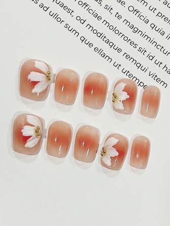 10Pcs/Set Handmade Short Uv Gel Nail Art Stickers, Icy Flower Nail Decals With Nail File, Detachable Nail Wraps Press On Nails Nail Supplies Nails
