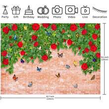 1 pieza Fondo de fotografía de pared de ladrillo rojo de poliéster con plantas verdes frondosas, flores rojas y mariposas para cumpleaños, baby shower, bautizo, fondo fotográfico reutilizable, tamaño: 210*150cm/150*100cm/100*75cm - Multicolor - Ver 4
