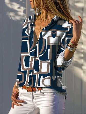 Camisa de mujer de manga larga casual y cómoda con estampado digital digital, cuello de solapa, Nuevo 2025