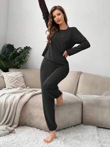 2 件女式可爱休闲长袖上衣和裤子家居服套装，两件套服装 - 黑色 - 查看 2