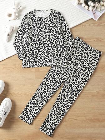 青少年女孩豹纹舒适长袖上衣和休闲裤套装