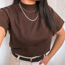 Elegant Basic T-Shirt Blouse With Rib Collar - Rỉ Nâu - Xem 1