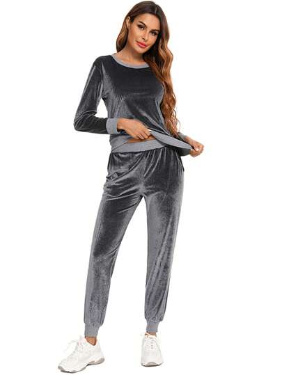 Velvet Pajama Set, Long Sleeve Round Neck Top And Pants, Sleepwear And Loungewear For Autumn And Winter