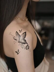2 Sheets Big Size Body Art Temporary Tattoo Stickers For Women Or Men, Black Ink Painting Butterfly Pattern, Waterproof Fake Tattoo, Lasts 2-5 Days, Covering Scars,Can Be Used On Arms Wrist Shoulders Legs Waist Neck Hand Chest Thighs Finger Ankle, Suitable For Parties, Gifts, Vacations, Body Decoration - Black - View 3