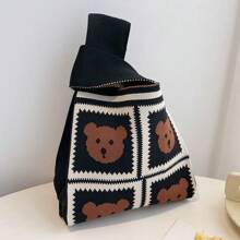 Women's Fashion Knitted Handbag,Coffee Colored Teddy Bear Tote Bags,Daily One Shoulder Handbag, Suitable For Shopping, Tourism, And Travel