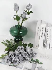 12 piezas de rosas artificiales, flores de rosa doradas, flores de seda con tallo largo, ramos de rosas de seda para decoración de boda, fiesta nupcial, fiesta, decoración del hogar - Plateado - Ver 6